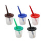 Plastic paint-cup brush set with brown, blue, red, green, and black cup lids