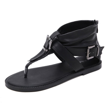 Black thong sandals with adjustable buckle and ankle strap, flat casual flip-flops