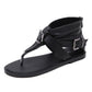 Black flip-flop sandals with ankle cuff buckle, cross strap design, flat casual