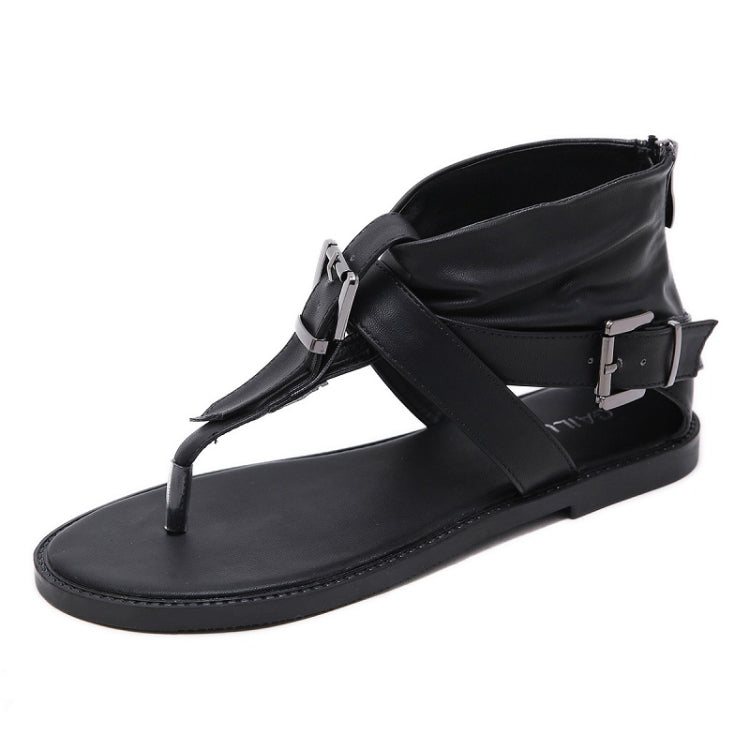 Black flip-flop sandals with ankle cuff buckle, cross strap design, flat casual