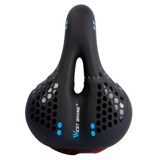 Black bicycle seat cushion with vent holes and blue warning light dots on sides