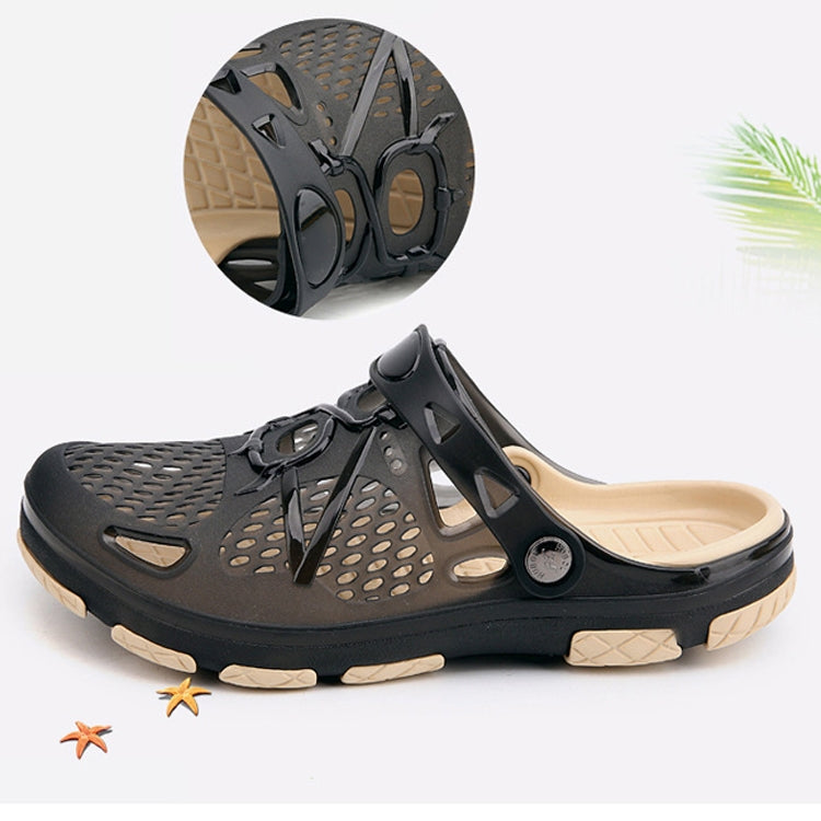 Black sandals with perforated upper and adjustable strap, beige tread sole