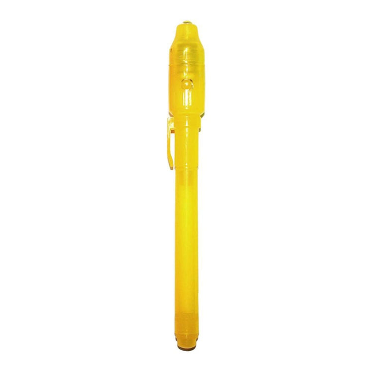 Yellow UV invisible ink pen marker, clear body and pointed tip.