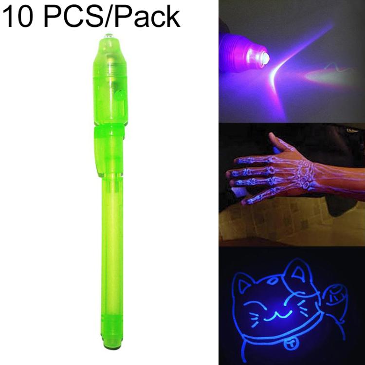 Green UV invisible ink pen marker with click-top cap and translucent barrel.