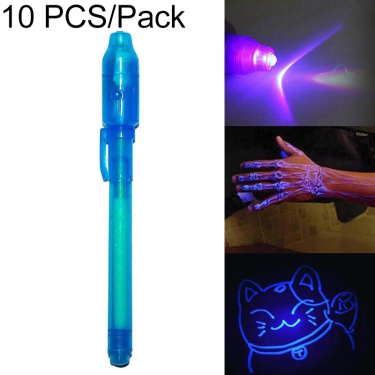 Blue UV invisible ink pen marker with click-top cap and translucent barrel.