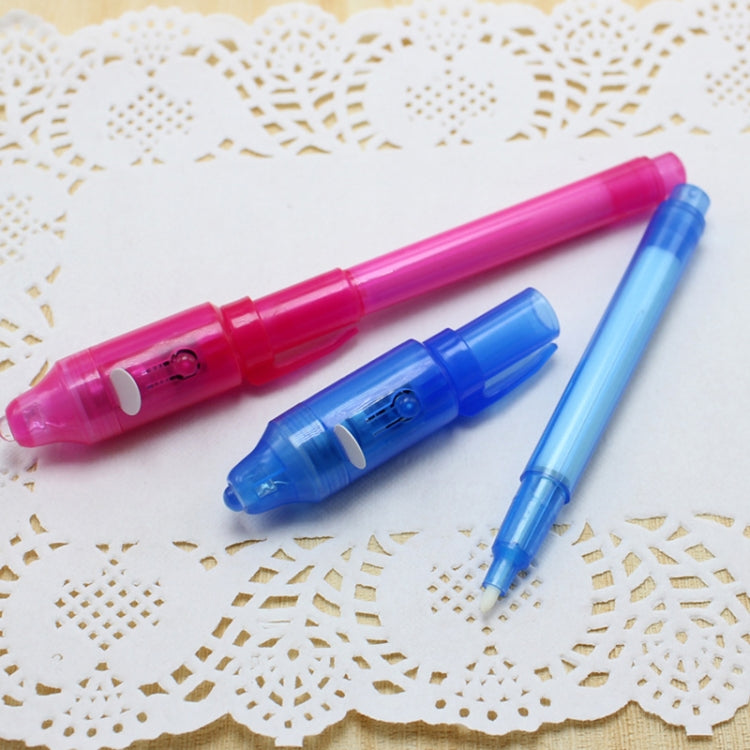 Set of UV invisible ink pens: pink, blue, and light blue with translucent caps.