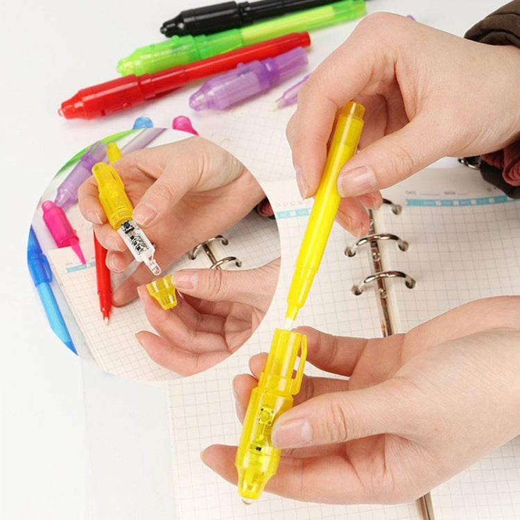 Hands holding yellow UV invisible ink pens with translucent multicolor pen set.