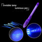 Purple UV invisible lamp and luminous pen marker with glowing writing effect.