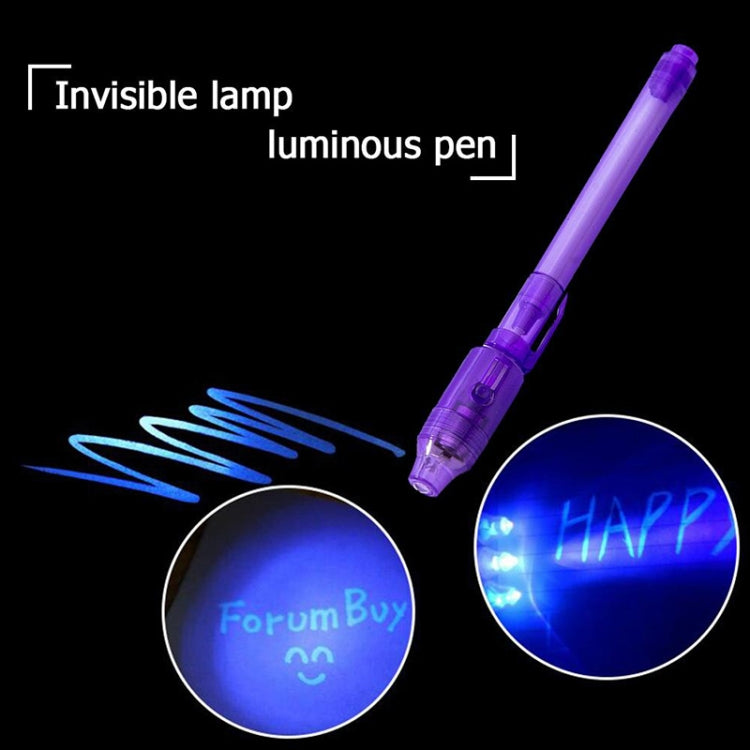 Purple UV invisible lamp and luminous pen marker with glowing writing effect.