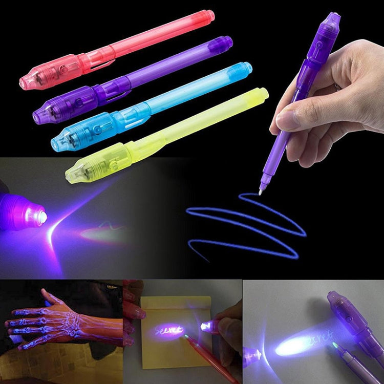 UV ink pens set with colored markers; hand holds purple pen with blue glow lines