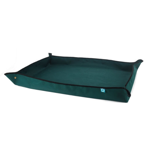 Green planting soil mat with raised rim and corner tabs, rectangular view