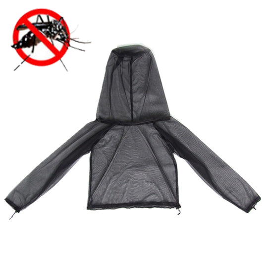 Black hooded anti-mosquito jacket suit with long mesh sleeves and drawstring hem