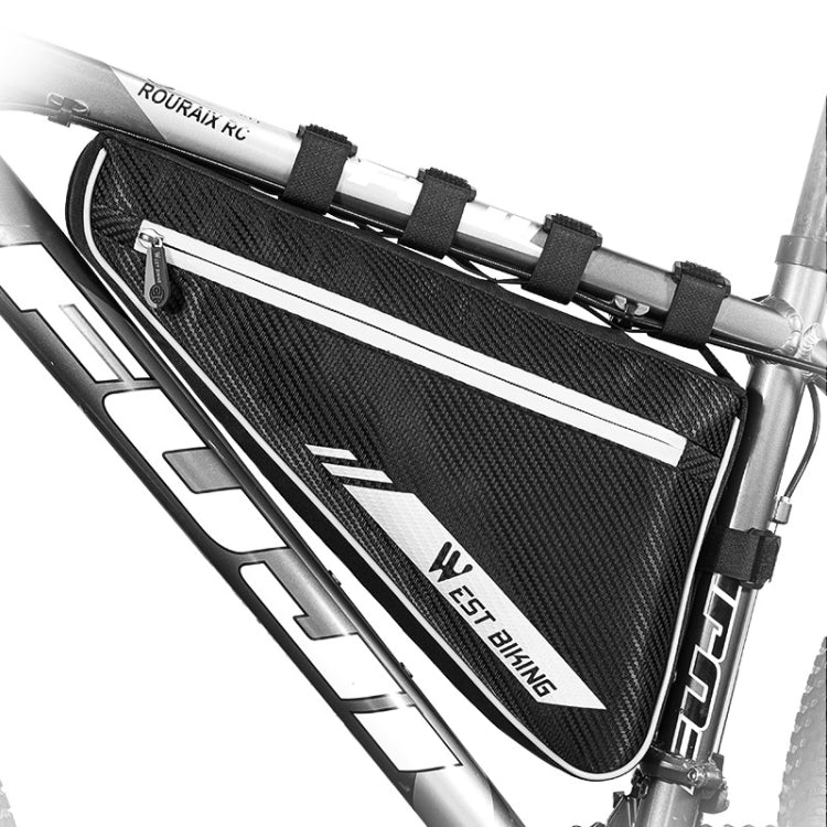 Black front triangle bike bag with reflective white stripes and zip pocket