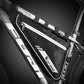 Black bike front triangle bag with reflective stripes, secured by straps