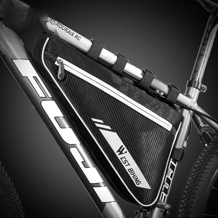 Black bike front triangle bag with reflective stripes, secured by straps