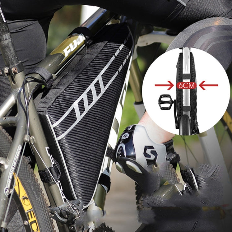 Black front triangle bike bag mounted on bike frame with zipper and straps