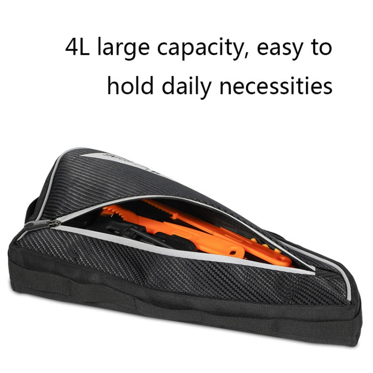 Black bike triangle bag with zipper open, showing orange item inside