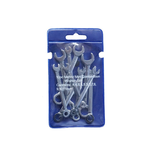 10-piece mini metric open-end combination wrench set, polished steel, in blue pouch