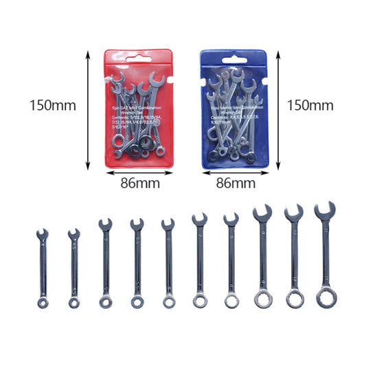 Ten-piece mini open-end combination wrench set with polished steel heads and rings