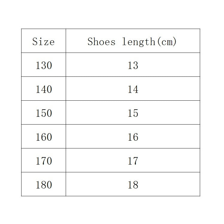 Kids slipper size chart: 130–180, shoe length 13–18 cm