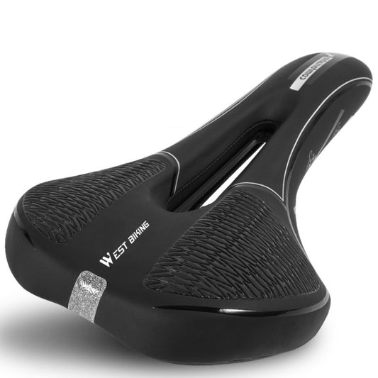 Black bike seat cushion with textured surface, center cutout, and silver reflective patch