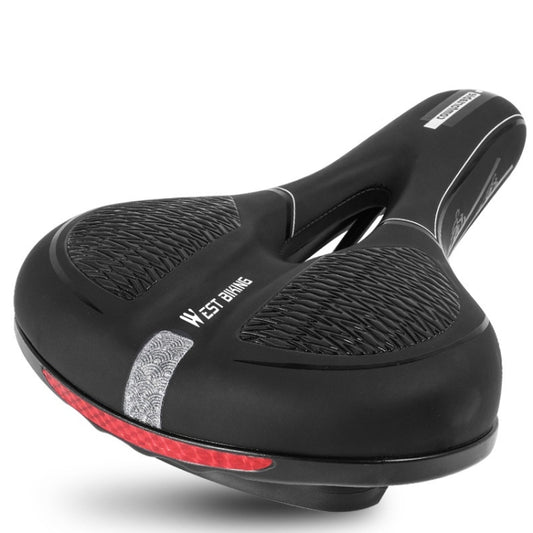 Black bike seat cushion with center channel, silver reflective areas, and red accent stripe