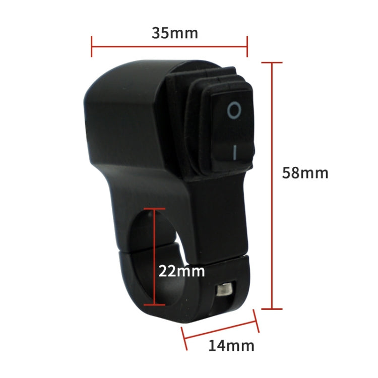Black motorcycle headlight switch, shown with size dimensions (35mm x 58mm)