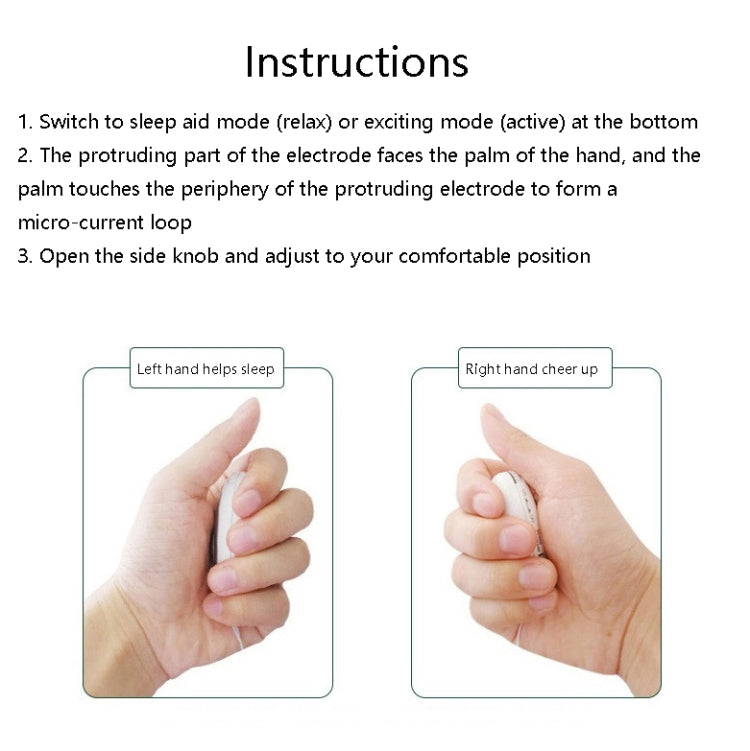 Holding micro-current sleep aid device held in hand, oval electrode tip visible