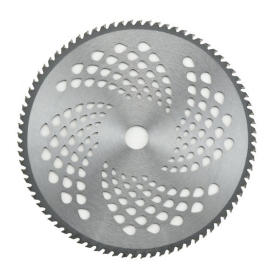 Close-up alloy brush cutter blade with perforated vent holes and center mounting hole