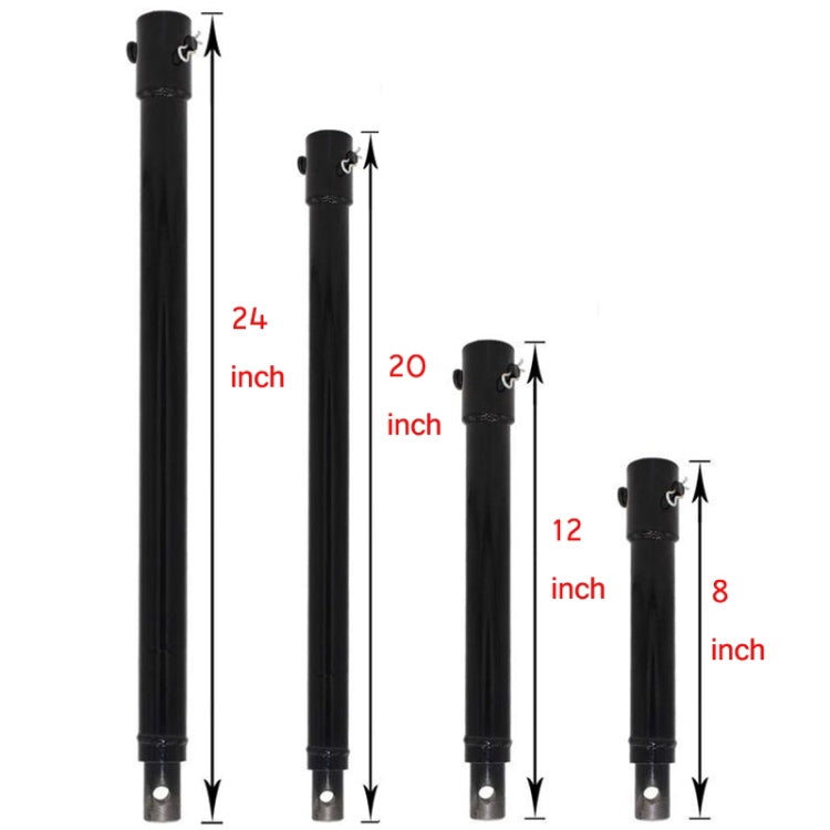 Black ground drill extension rods showing multiple lengths, with pin base