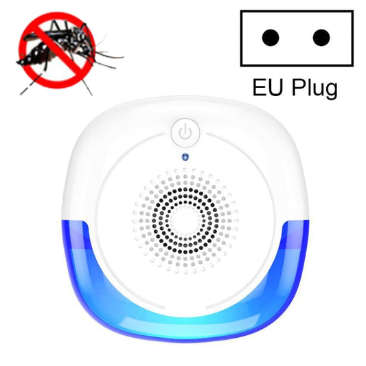 Plug-in ultrasonic mosquito repellent device with white body, blue bottom, and circular grille