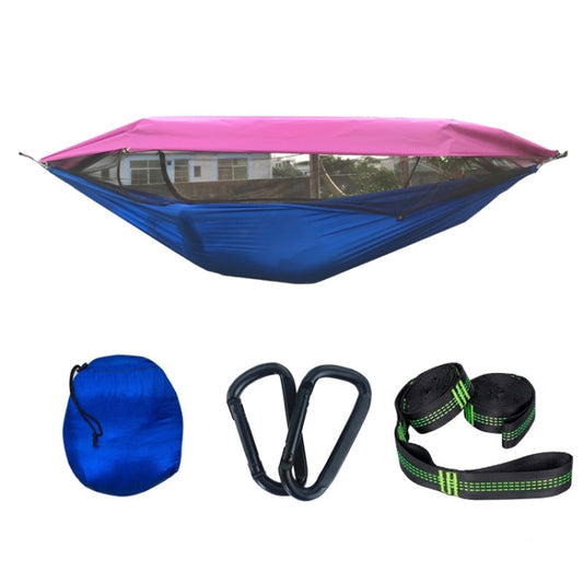 Hammock sunshade with pink top and blue mosquito net, plus hanging hooks and carrying pouch.
