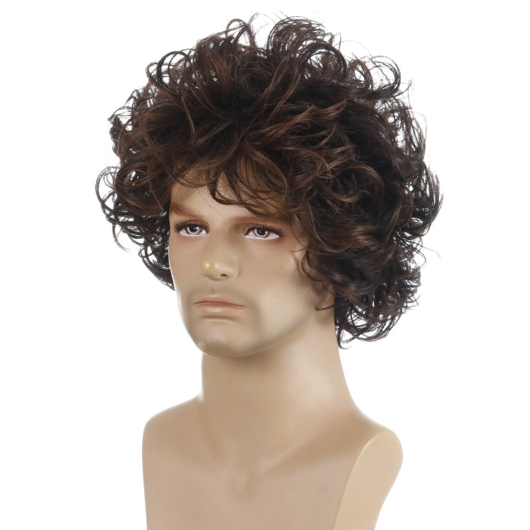 Dark brown short curly wig with thick ringlet texture on a mannequin head