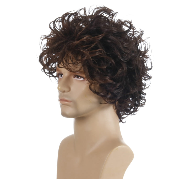 Dark brown short curly wig shown from the side with tight ringlet curls