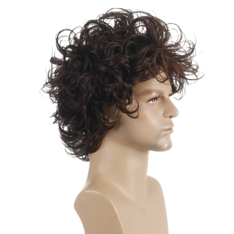 Dark brown short curly wig on a mannequin with dense curly ringlets