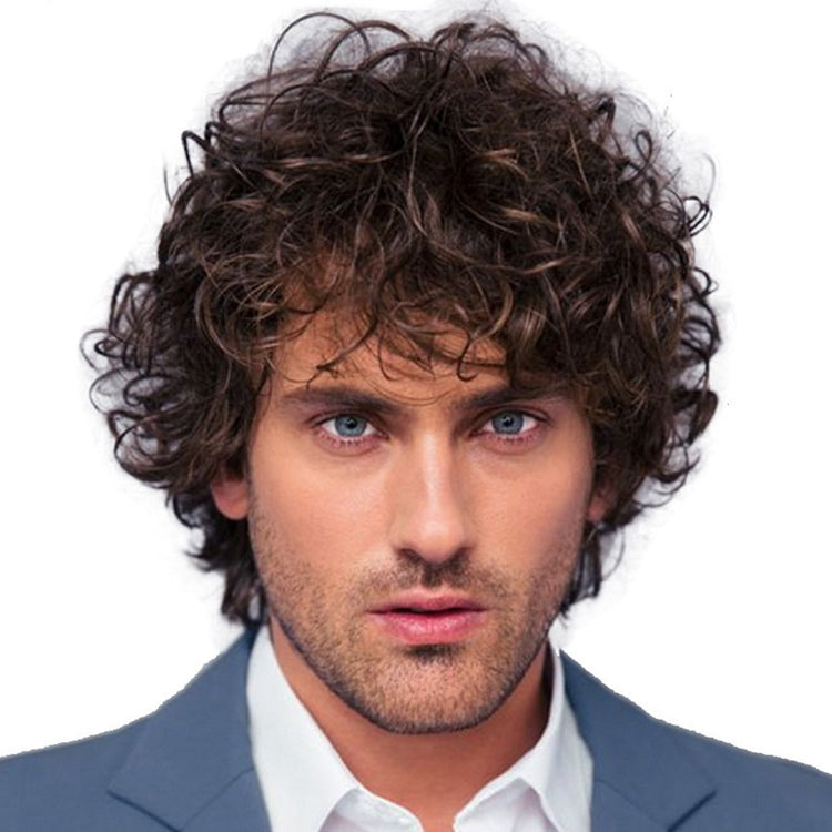 Men’s dark brown short curly wig worn with blue eyes and short beard styling