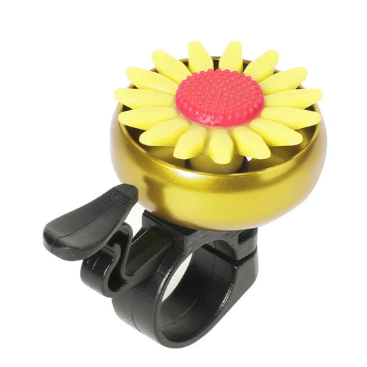 Yellow flower bicycle bell with textured red center on black handlebar mount