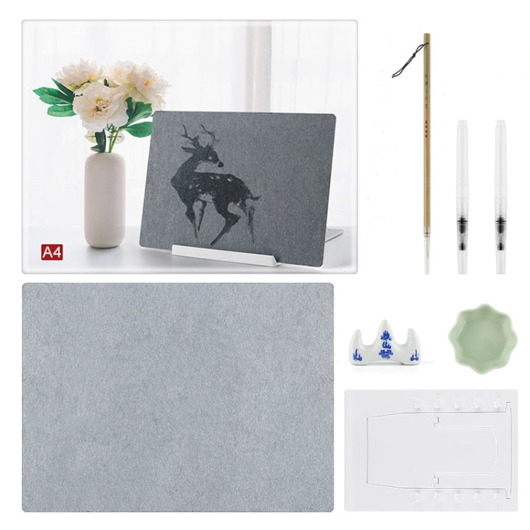 A4 reusable water calligraphy board with brush, pen set, and green water dish