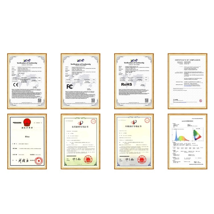 Compliance certificate documents pack with CE, RoHS, and FC seals
