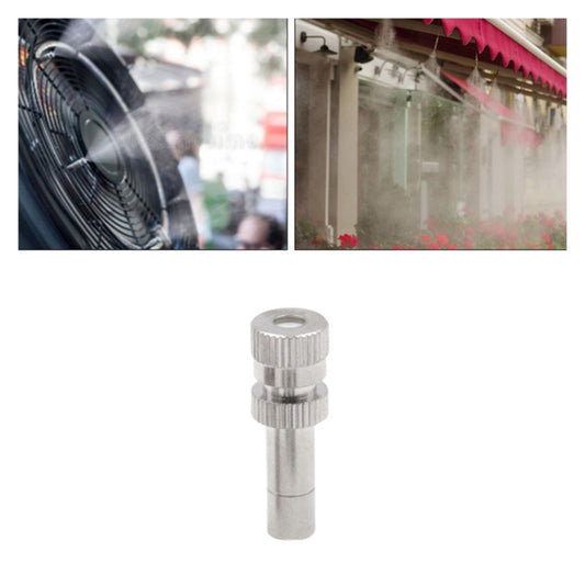 Stainless steel atomizing misting nozzle with ridged quick-plug fitting and hex opening
