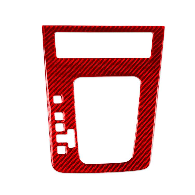 Red carbon fiber gear shift panel sticker with cutouts for shifter buttons