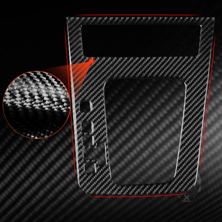 Black carbon fiber gear shift panel sticker with rectangular cutout and side slots