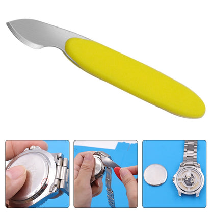 Yellow watch repair tool with curved metal blade and ergonomic yellow handle