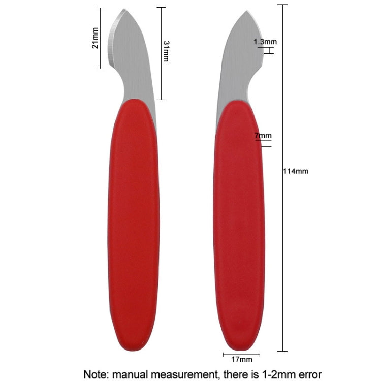 Red and stainless watch repair tool with handle size measurement diagram