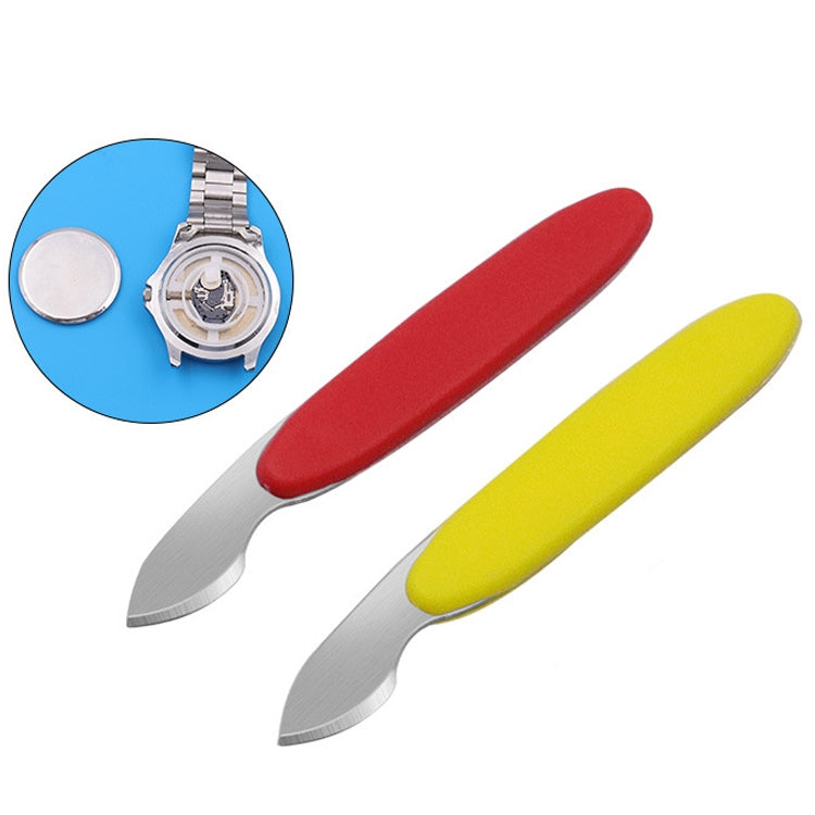 Set of red and yellow watch repair tools with curved metal blades