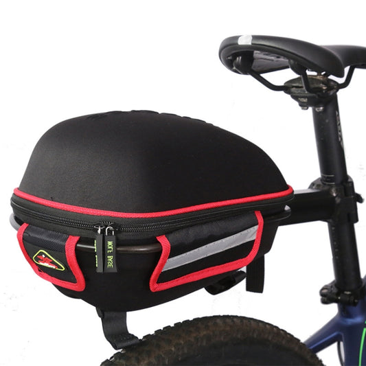 Hard shell bicycle tail bag with red trim and mounting straps, black exterior