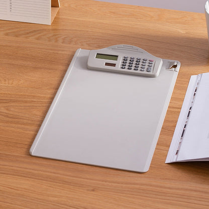 White A4 writing folder with built-in calculator and ruler-style edges