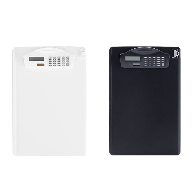 A4 writing folder with built-in calculator, shown in white and dark