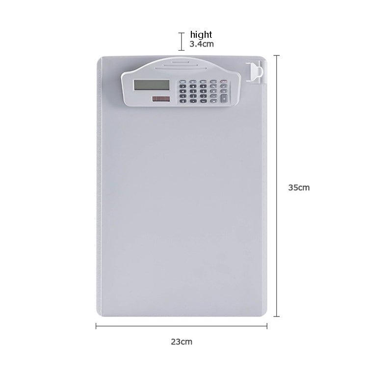 White A4 writing folder with built-in calculator, 23cm x 35cm, pen clip