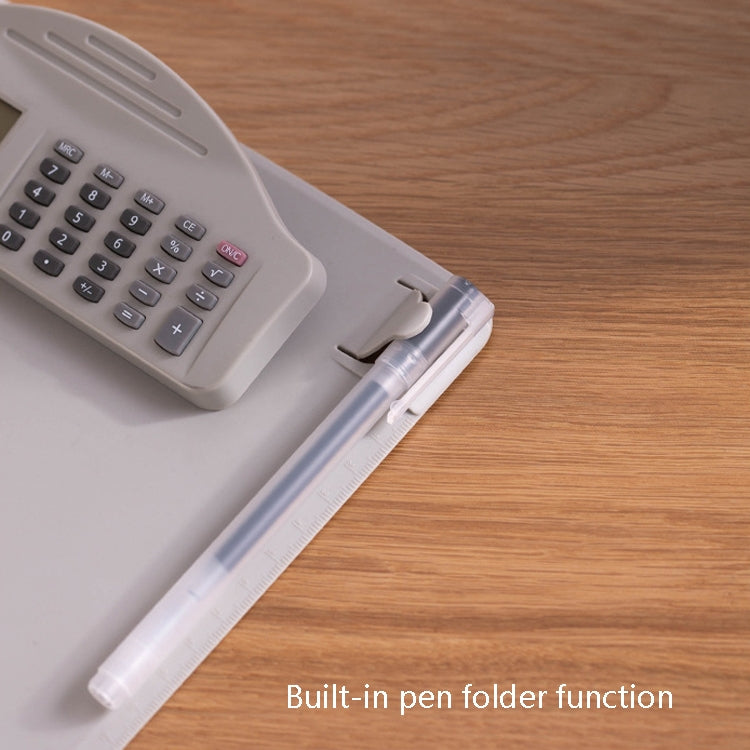 White A4 folder with built-in calculator and ruler, with pen in holder